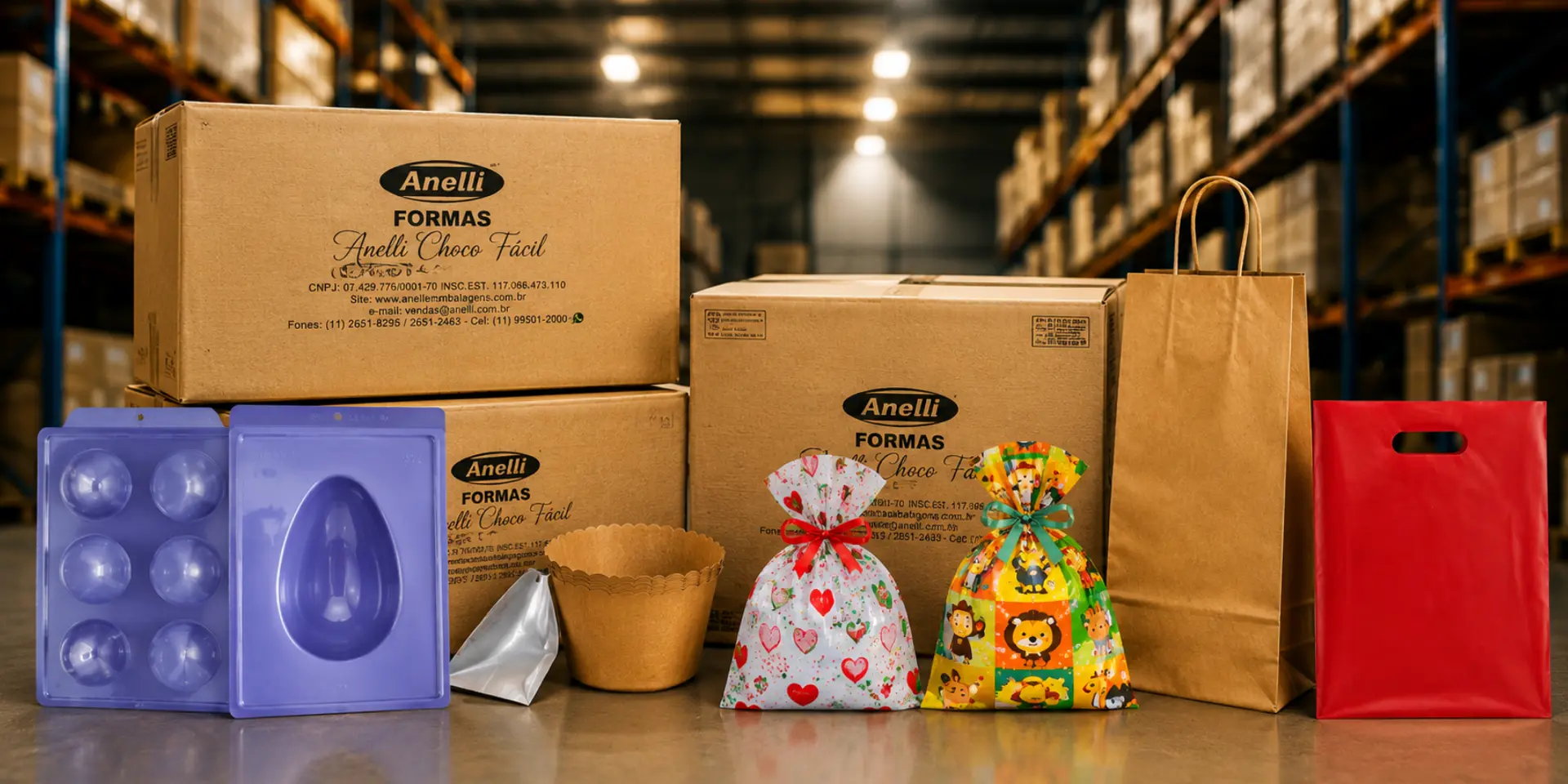Centro de distribuição da Anelli Embalagens com estoque organizado em prateleiras